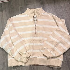 Aerie Cream and White Striped Half-Zip Sweater